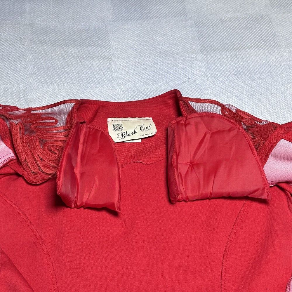Vintage 1980s Black Cat Fashion Red Mesh Accent Blazer Top Women's Size Medium - Picture 8 of 15